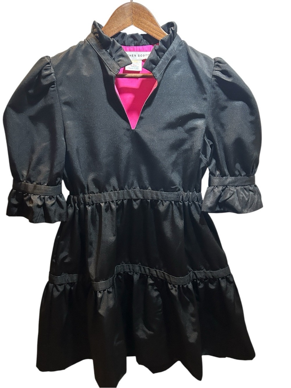 Gretchen Scott Black Puff Sleeve Tiered Mini Dress XS Ruffle Collar Preppy
